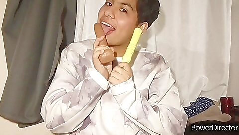 Gorgeous brunette uses two of her toys on her butt