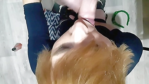 Red-haired shemale with huge tits gets her pussy slapped