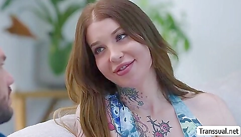 A guy drills a shemale anal hole with his big cock