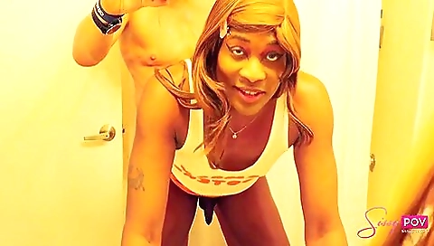 Handsome guy fucks his ebony shemale in red head sex